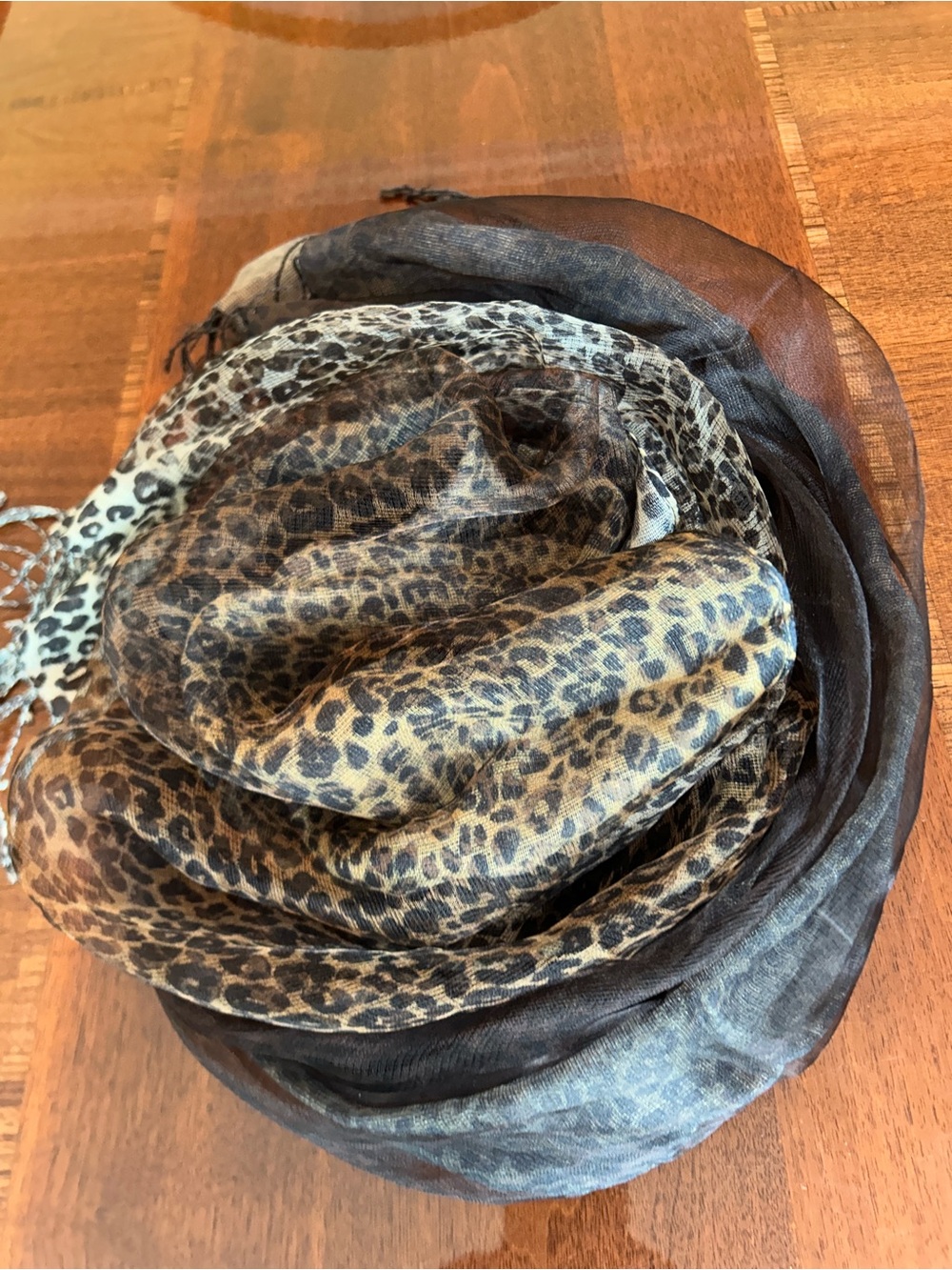 Coldwater Creek Leopard Print and Black Sheer Wrap Scarf 17“ x 78“ silk blend